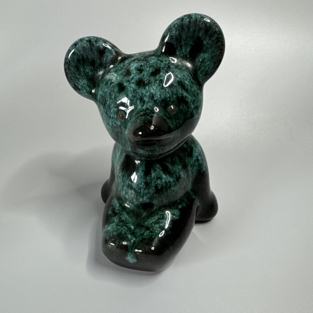 Vintage Canuck Pottery Bear Marbled Green & Black Glaze 1960s Canada